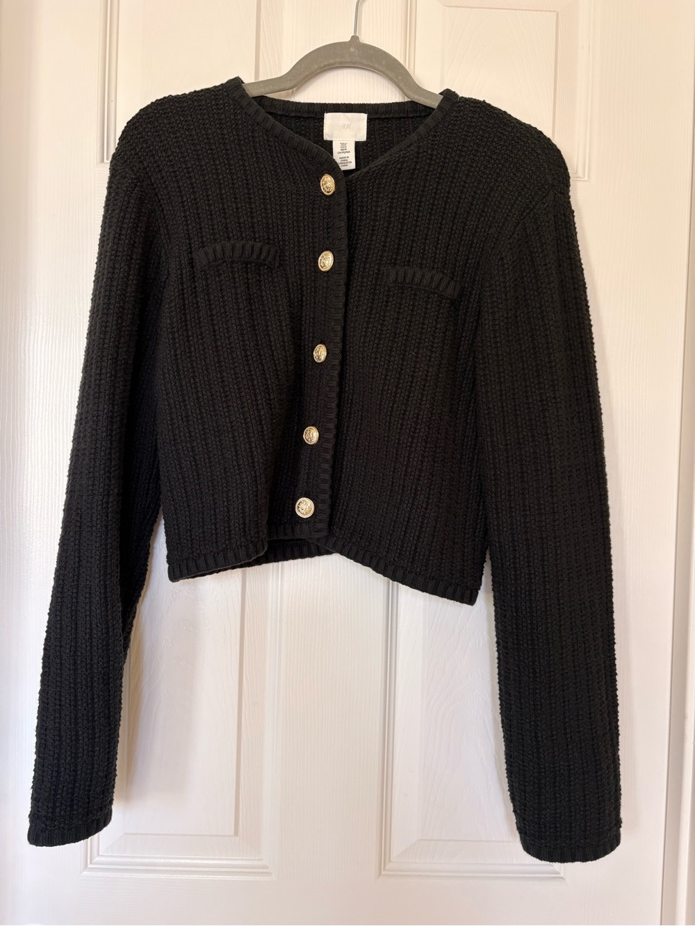 H&M Black Textured Knit Cardigan M Gold Buttons Cropped Jacket Style
